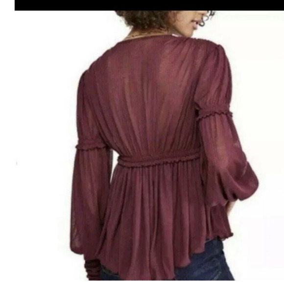Free People Burgundy Day Dreaming Babydoll Boho Ruffle Top XS Sheer Romantic - Picture 2 of 10